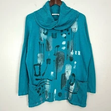 Jess & Jane Doodles Tunic Top Women’s Size S Art To Wear Cowl Neck Stretch Knit