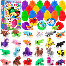 24Pcs Prefilled Easter Eggs 3D Printed Animals for Kids, Easter Plastic Egg Bask