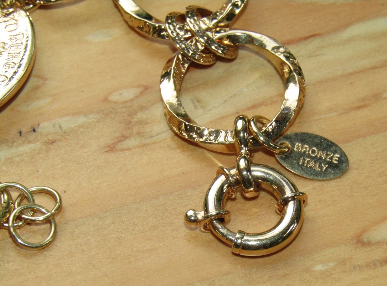 BELLEZZA LIRA COIN BRONZE CHAIN LINK BRACELET WITH FACETED BEAD CHARM 9" image 9