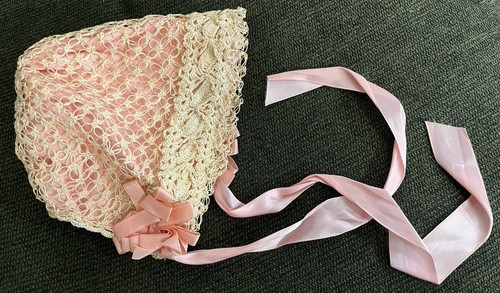 Antique Hand Crochet Newborn to 6 Mos. Bonnet Ivory Pink  Lining Ribbon or Doll