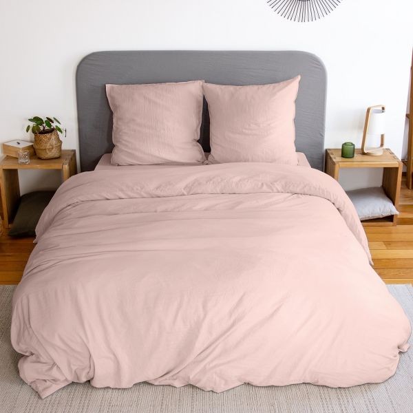Housse de couette 240x260 microfibre au toucher lavé ultra doux, coloris Rose Poudré délicat