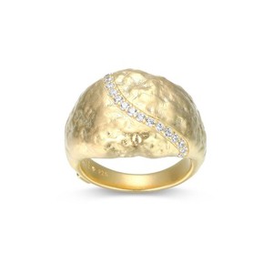 Authentic Gold-Plated 925 Silver Hammered Dome Ring Curved Pave CZ Accent by ELLE