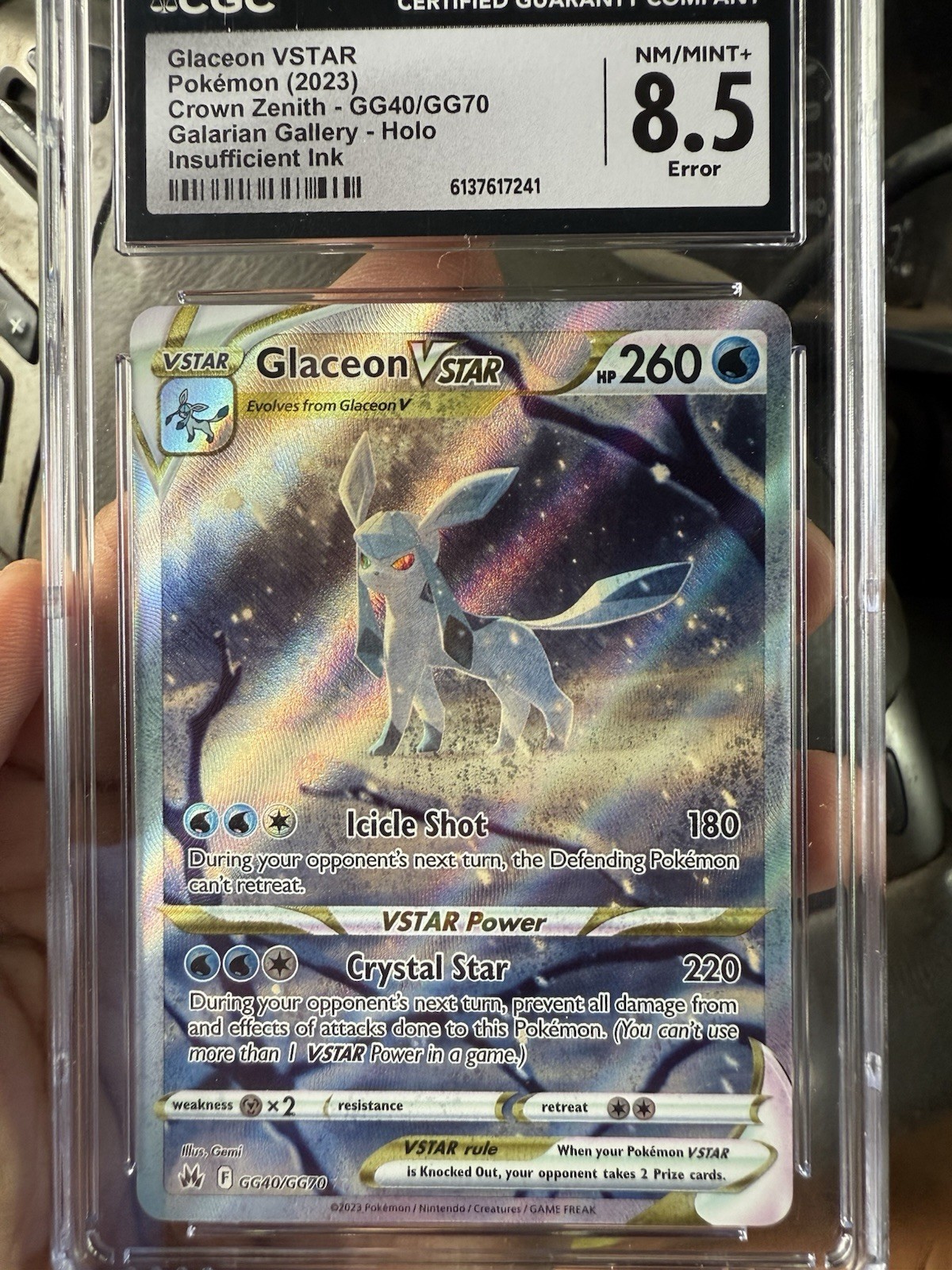Glaceon VSTAR GG40/GG70- Crown Zenith: ERROR CARD - CGC Gem Mint 8.5