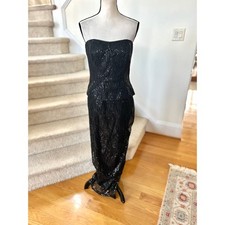 Ralph Lauren Black Sequin Mesh Strapless Bustier Column Slit Maxi Gown