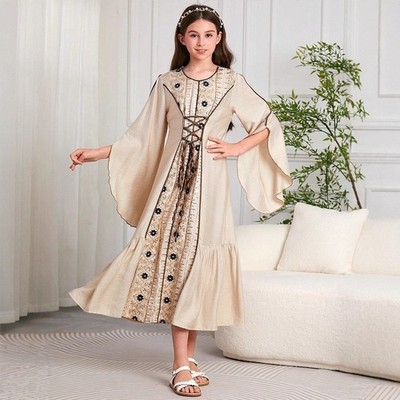 ethnic prom dress Ethnic Kids Embroidery Girls Abaya Long Maxi Dress Islamic Kaftan Jalabiya  Prom