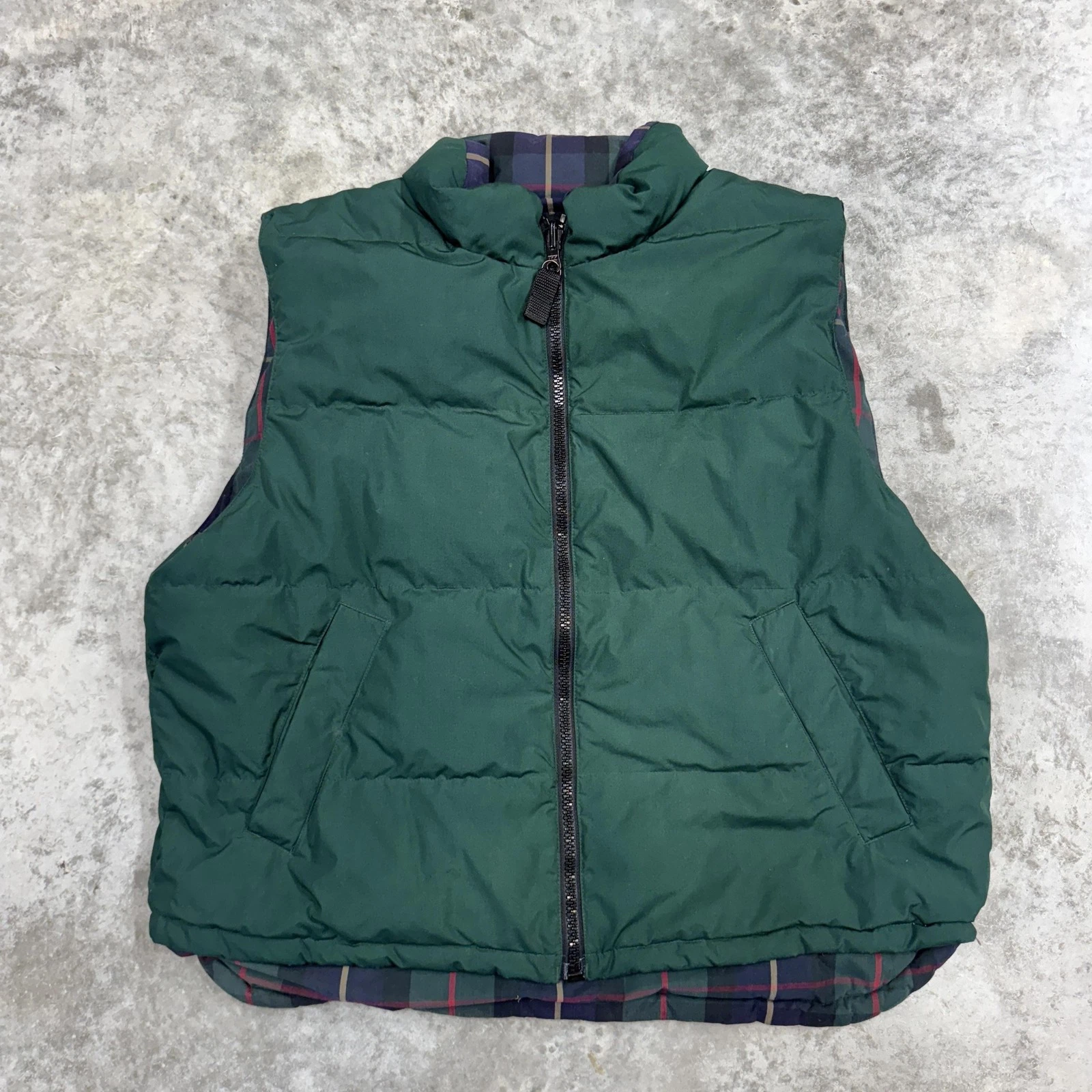 Eddie Bauer Vest Mens Large Green Plaid Reversible Down Puffer Outdoor Hiking