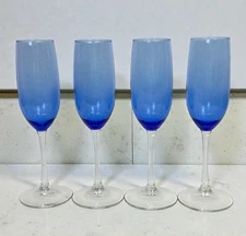 Libbey Vina Blue Champagne Flutes SET OF 4 Stemmed Wine Toasting Glasses VTG 80s