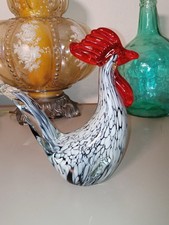 Murano Style Art Glass Heavy Red White  Black Rooster Chicken