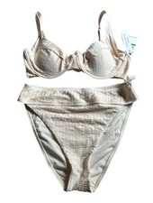 Sanctuary Women  s Large Ivory Wave Underwire Bra High Waist 2 Piece Swim Set L