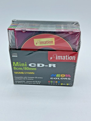 Imation Mini CD-R 185MB 21 Minute 8cm/80mm Neon Colors Pack of 5 New Sealed