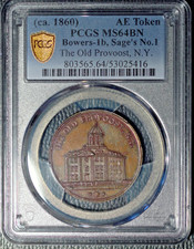 1860 A. B. Sage's Historical Tokens #1, The Old Provost, NGC MS 64 BN, Bowers 1b