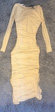 Symphony Beige Beaded Ruched Mesh Long Sleeve Bodycon Dress Long S