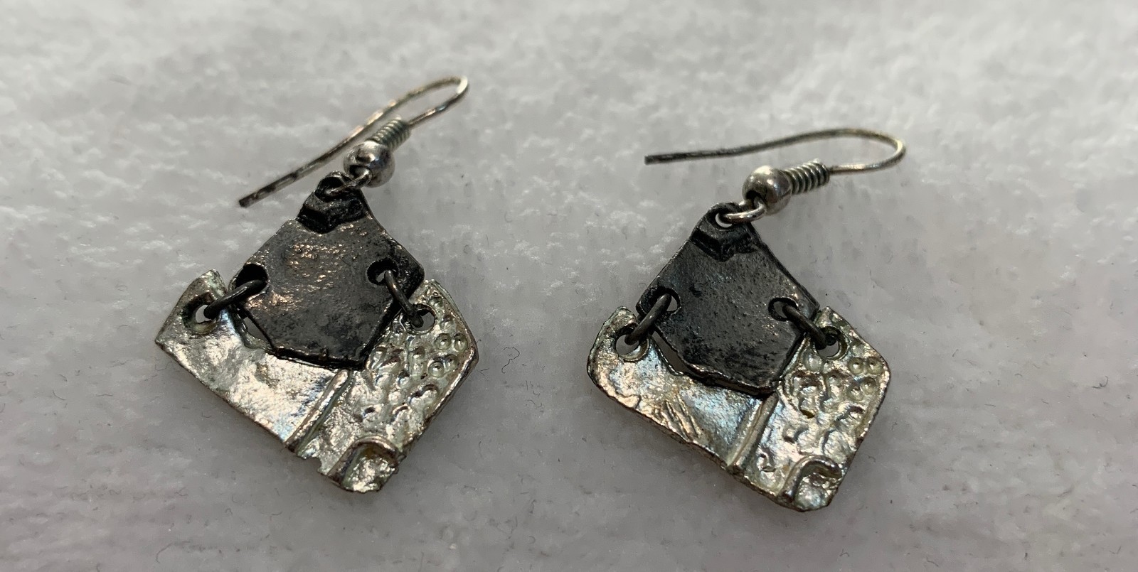 Silver Tone Abstract Hammered Triangular Drop Ear… - image 2