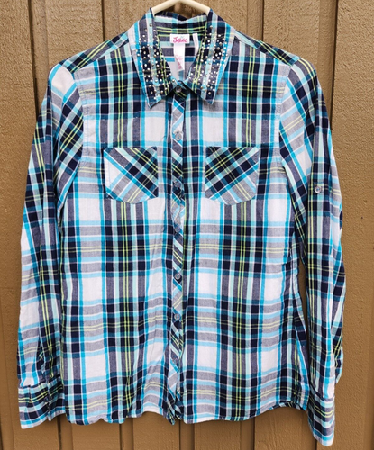Camicetta Justice western cotone bottoni manica lunga blu quadri strass bambina 20 - Foto 1 di 7