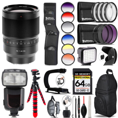 Sony Distagon T* FE 35mm f/1.4 ZA Lens  + LED Light - 64GB Accessory Bundle