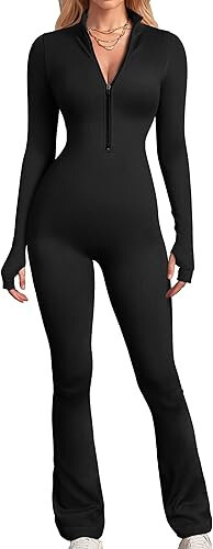 OQQ Women's Yoga Jumpsuit Black Size XL Ribbed Long Sleeve Zipper Front Workout