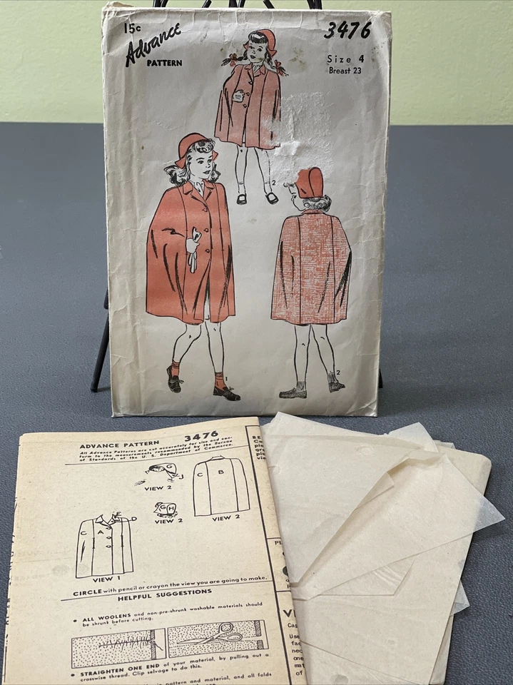 Buttoned Cape and Hat Vintage 1943 Advance 3476 Sewing Pattern Girls Sz 4 - Image 4 of 4