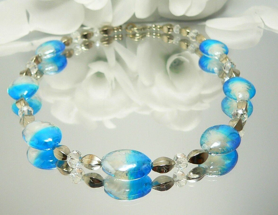 3er Schmuckset SCHIMMERND Silberfolie LAMPWORK Twist türkis weiß KRISTALL  449a - Bild 2 von 4