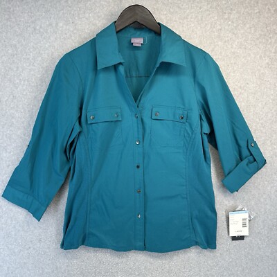 Laura Scott Womens Button Up Shirt Size LP Green Roll Tab Sleeve New with Tags