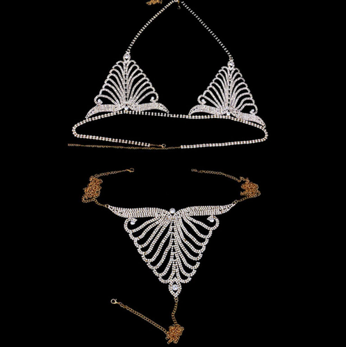 Body Chain Jewelry Crystal Bra & Thong Set Grecian Dancer Sexy Two Piece Set - Picture 11 of 11