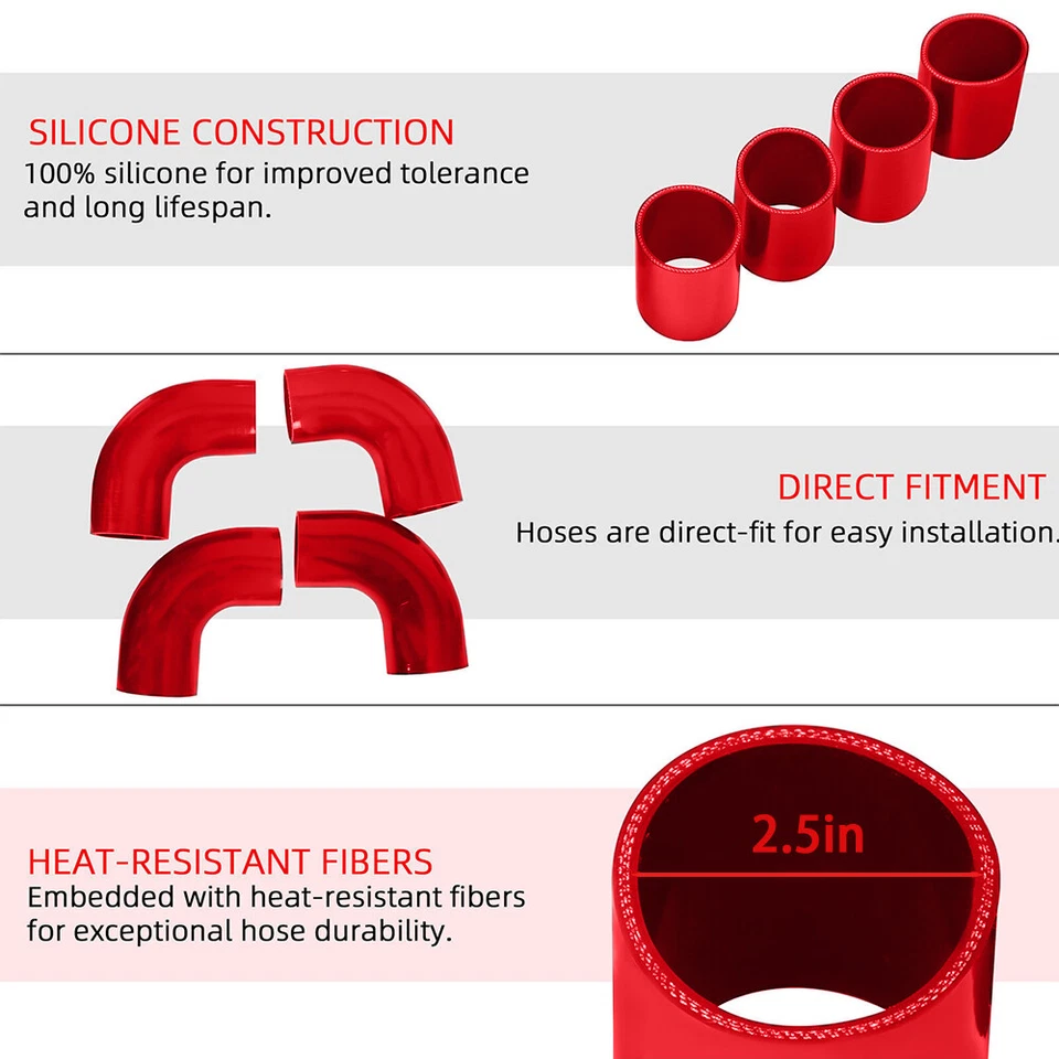 2.5 in Universal 12Pcs Intercooler Piping Kit+ Blk Coupler T-Bolt Clamp Red Foto 4 de 4