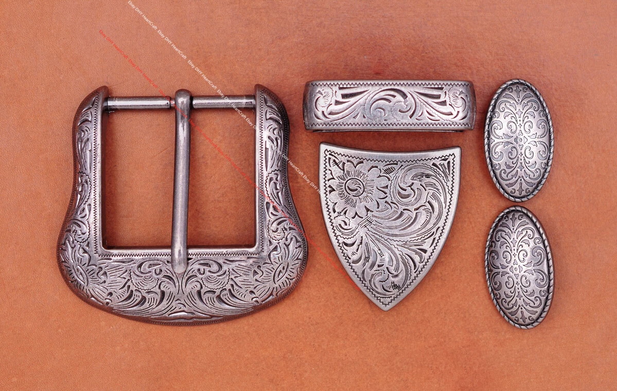 Vintage Silver Cowboy Ranger Floral 5 pc Set Western Belt Buckle fit 1-1/2  Belt