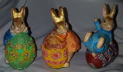 Kaninchen Ei Figur Trio Handarbeit & handbemalt Brights Filzsockel 3'' x 2'' Neu