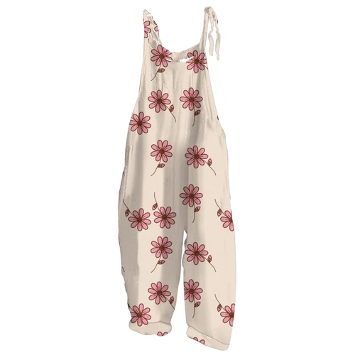 Damen Sommer Baumwolle Leinen Overall Blumendruck Freizeit Locker Retro Jumpsuit - Bild 41 von 51