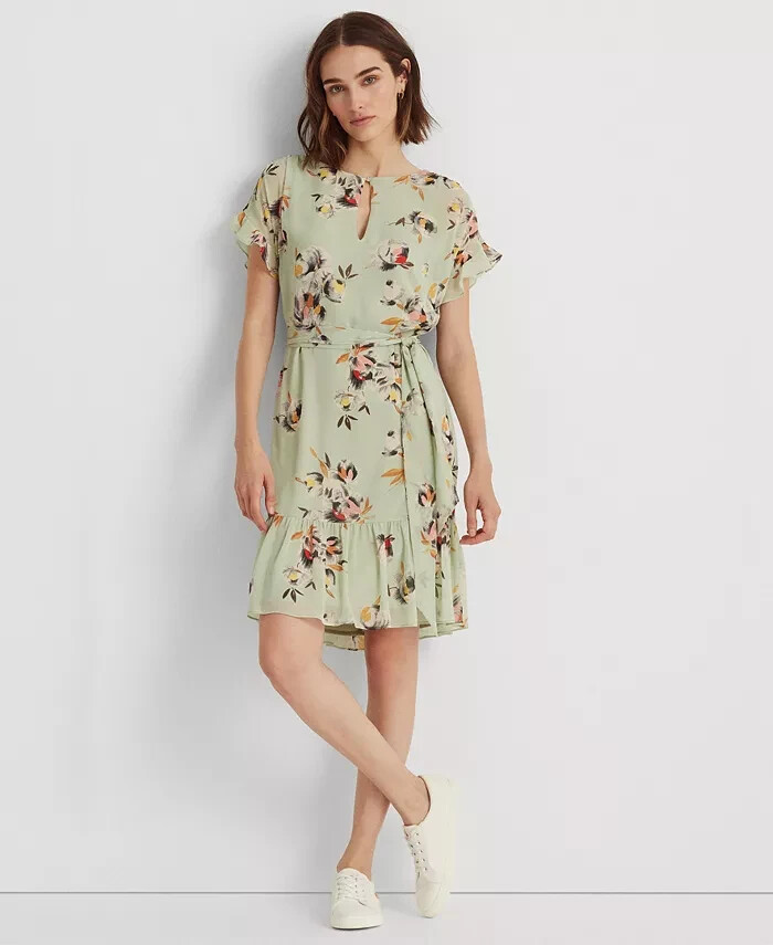 Lauren Ralph Lauren NWT Floral Crinkled Georgette Casual Dress Green Size 6 $145