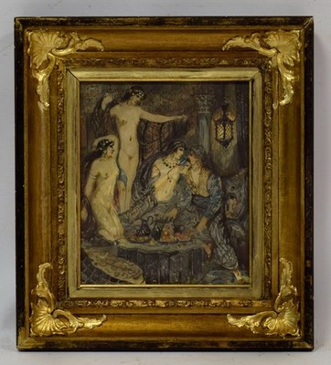 Circa 1950, old painting, after R. Ernst 1854 1932  Harem, nude,  gouache