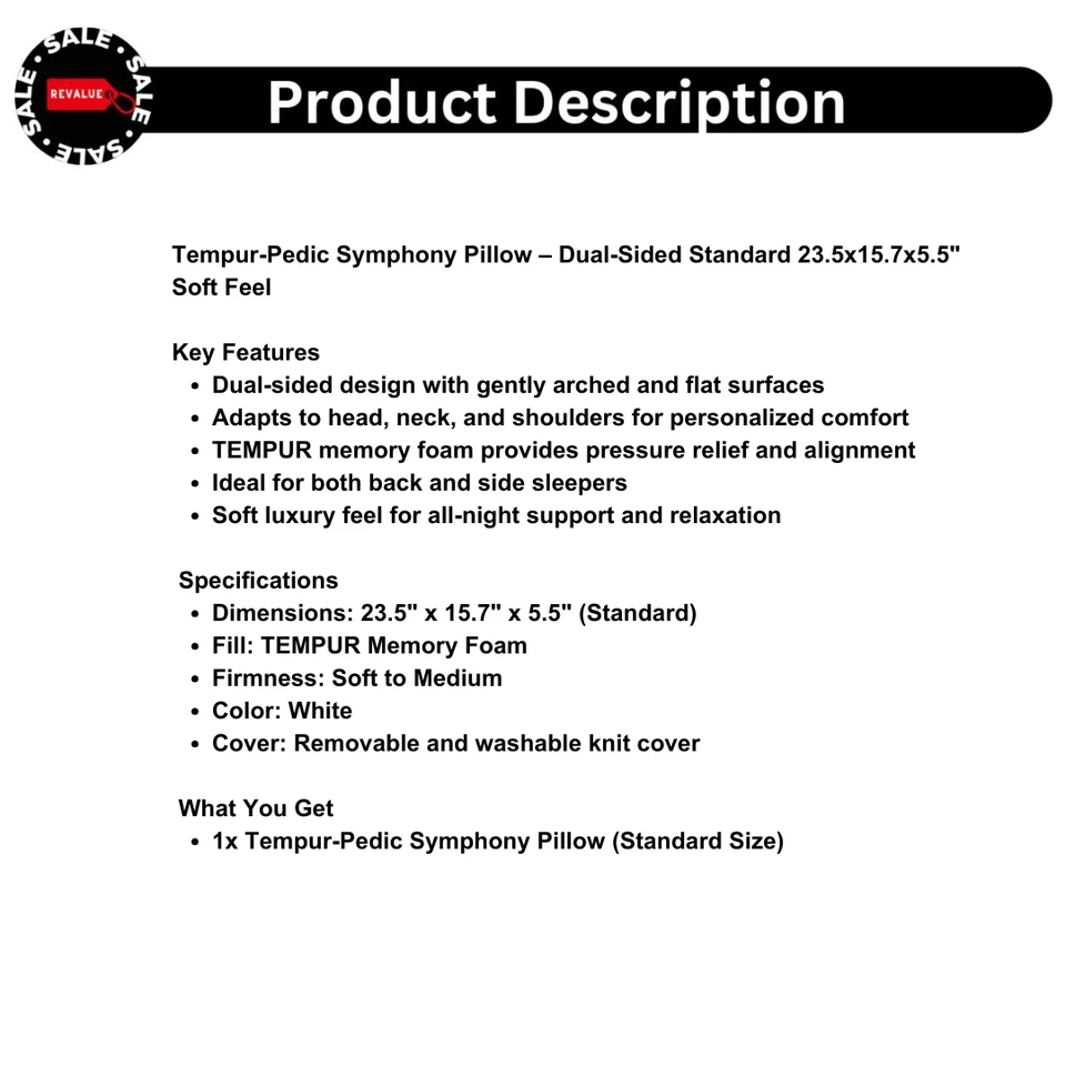 Almohada Tempur-Pedic Symphony - Doble Cara Estándar 23.5x15.7x5.5" Sensación Suave Foto 2 de 4