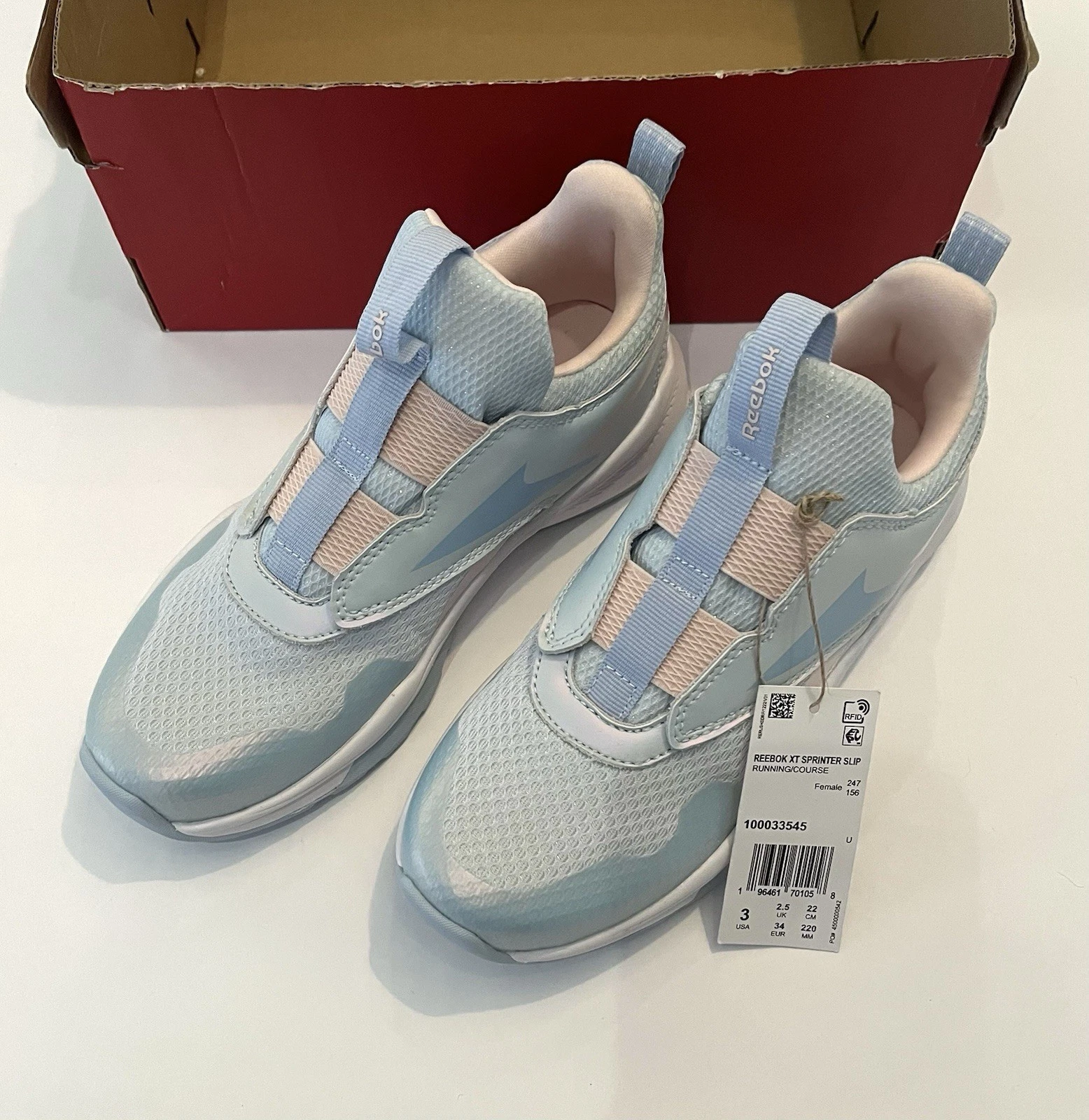 Scarpe scuola Reebok XT Sprinter bambina taglia 3 slip on blu rosa scintillante nuove