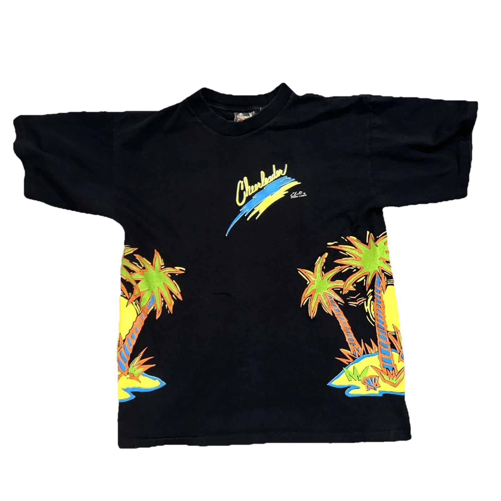 Vintage 90s Single Stitch T Shirt Large Made In USA Cheerleader Neon AOP Tee