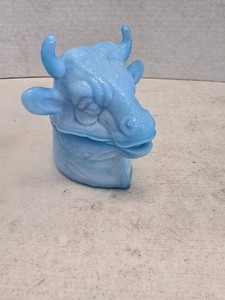 Opaline blue slag glass cow head mustard jar