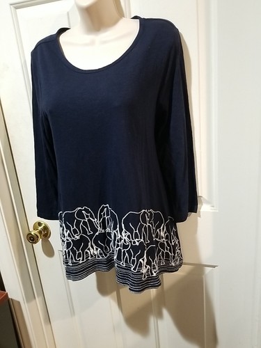 Crown & Ivy Top Damen klein marine bestickt weiß Elefanten 3/4 Arm - Bild 2 von 8