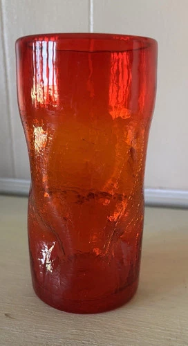 Vintage Blenko Tangerine Pinch Crackle pinched/dimple Glass 16 Oz Tumbler S141