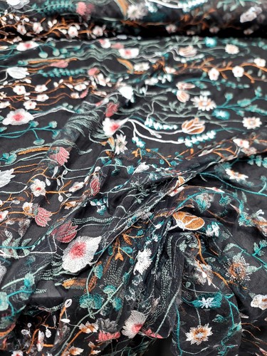Multicolor Embroidery Green Floral Lace Fabric 50” W 1 Yard Black MESH For Dress - Picture 4 of 13