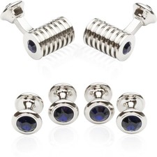 Men's Silver Blue Crystal Cufflinks and Studs Tuxedo Shirt Formal Set with Je...