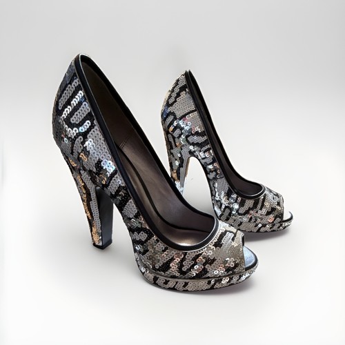 Coach Leopard Sequin Peep Toe Platform Pumps Silver and Black Size 6M with box