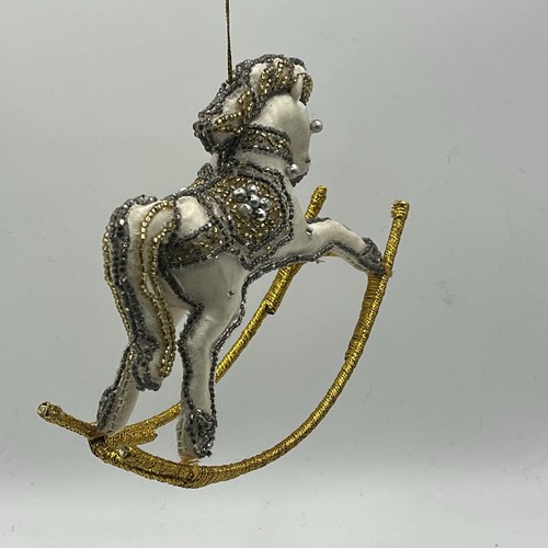 VTG Beaded & Embroidered Silk Satin Rocking Horse Christmas Ornament White - Picture 4 of 8