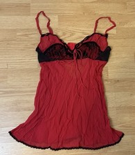 Y2K Victoria's Secret 100 Silk Milkmaid Slip Babydoll Lingerie Red Black Sz M