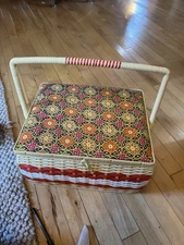 Vintage 60’s Padded Sewing Basket Full Of Unopened Sewing Mending Knitting Tools
