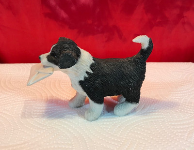 LEONARDO SCHWARZ & WEISS BORDER COLLIE WELPE TRÄGT BUCHSTABEN ORNAMENT FIGUR