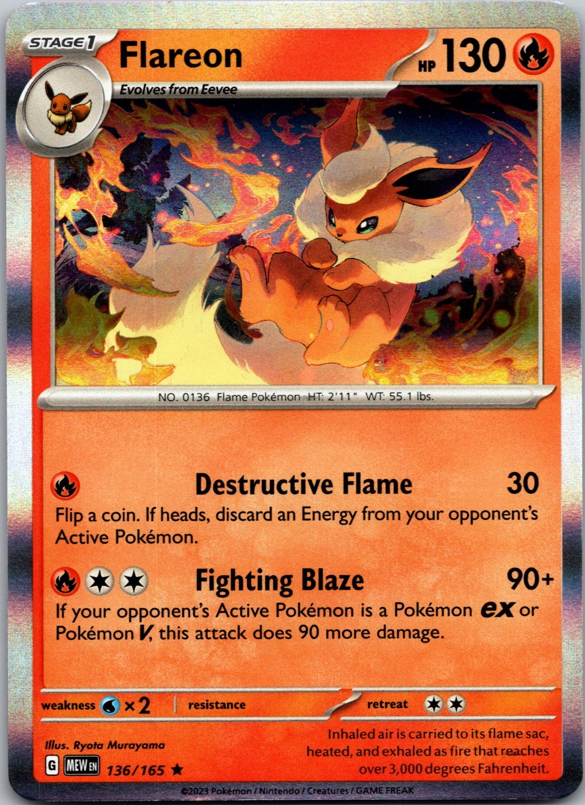Flareon 136/165 R 151 Pokemon Holo Near Mint