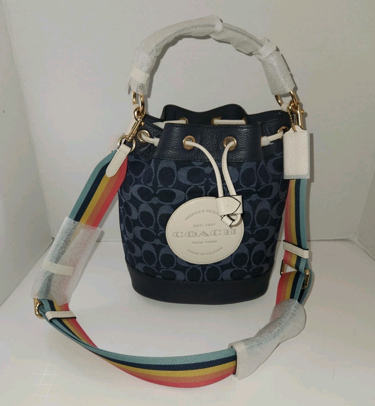 NWT Coach Dempsey Drawstring Bucket Bag In Signature Denim C4101 Blue image 6