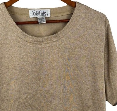 Bob Mackie Women Medium Short Sleeve Gold Metallic Knit Shirt Stretch Oversize