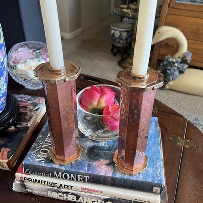 Pair Of Hammered Copper Hexagonal Copper Arts And Crafts Candle Holders 8.5  T