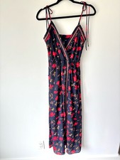 Aqua Navy Blue Midi Dress Sleeves Tie Straps Red Poppy Floral Front Slit