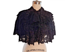 Vintage 1800's Victorian Gothic Black Lace Capelet w/ Beads  Ruffle Size Small