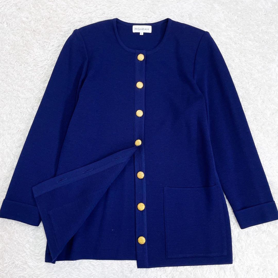 Autentico cardigan Yves Saint Laurent girocollo bottoni oro blu taglia L donna